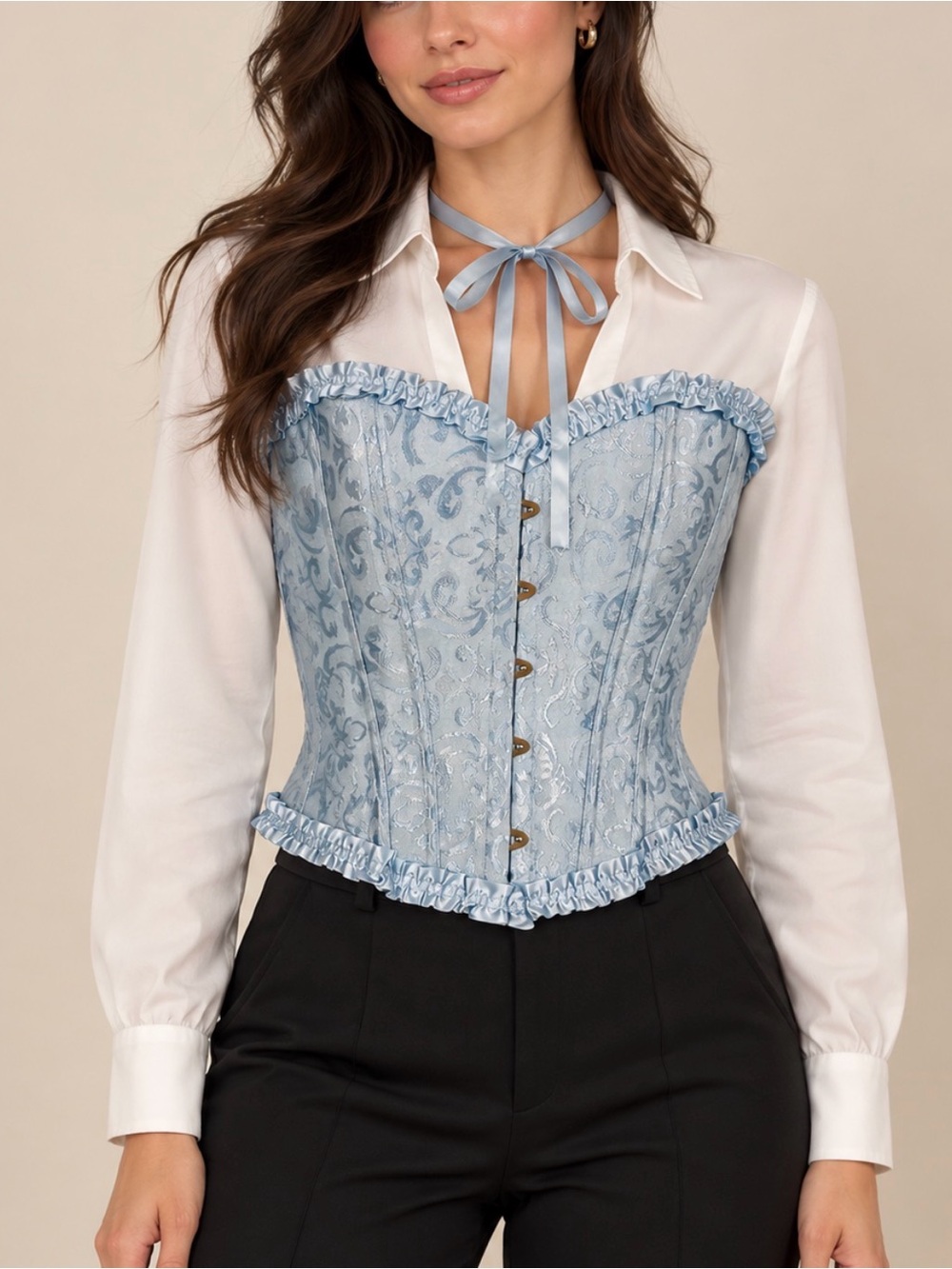 Elegant Light Blue Brocade Corset Top